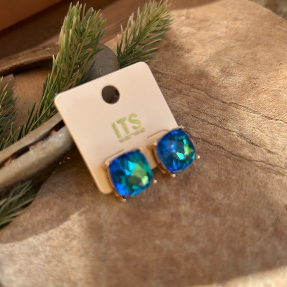 Blue and Gold Cushion-Cut Gemstone Earrings - Picture 6 of 8